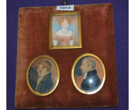 ENGLISH SCHOOL Triptych portrait miniatures, Birkett family, watercolour and pencil, 8 x 6cm and 7.5 x 6cm Condition Report: 