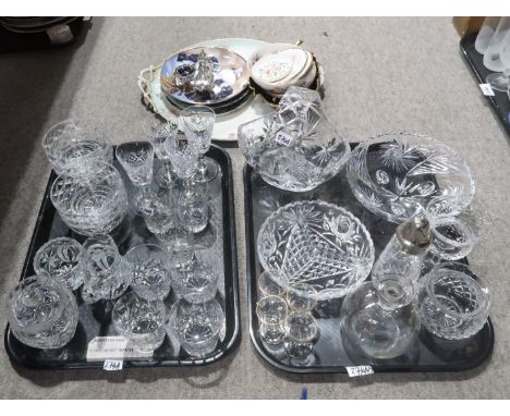 A lot comprising a selection of cut glass and crystal drinking glasses, fruit basket, bowls, a white metal topped sugar casto
