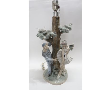 Lladro figural table lamp modelled as Pierrot and ballerina beneath a tree Condition Report: in good condition. 