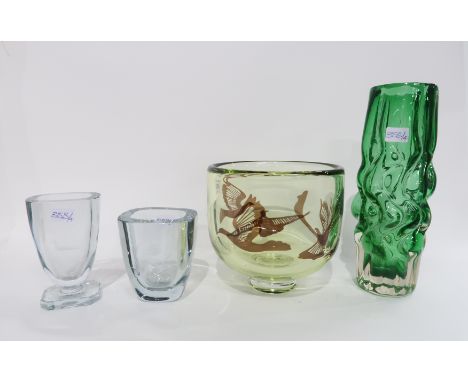 An Orrefors pale lemon glass bowl with decoration of flying birds, a Stromberg glass vase and two other vases Condition Repor