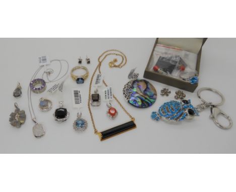 A silver mounted Meteorite pendant and chain, and a collection of silver gemstone jewellery and other items Condition Report: