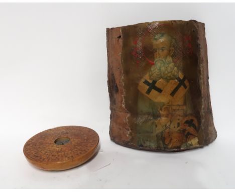 A Russian tile painting printed with a Saint, 19cm high, Chinese magnetic compass (2) The estate of The late Robert and Lynds