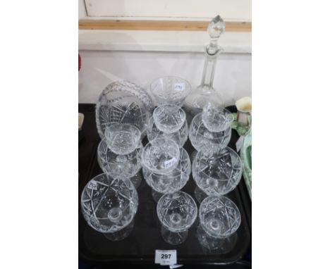 A lot comprising a quantity of cut glass and crystal drinking glasses, a basket, a decanter with etched decoration etc Condit