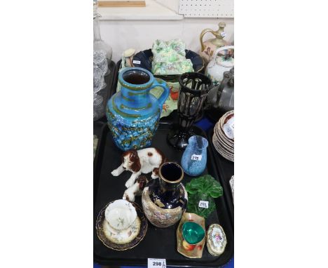 A lot comprising a blue ground Satsuma vase decorated with birds, Sylvac models of spaniels, a German pottery blue &amp; brow