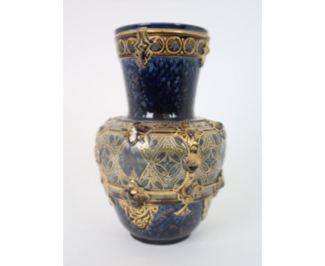 Hippolyte Boulenger and Cie pottery vase with majolica glaze and silvered griffin decoration, with stamped hb marks and chois