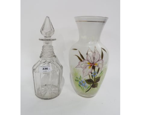 A ring neck decanter and a painted glass vase Condition Report: stopper broken. 