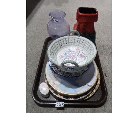 A lot comprising a red and blue glazed German pottery vase, a flashed lilac glass vase with etched floral decoration, a Poole