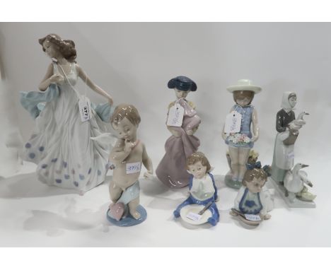 A large Lladro figure of a girl, three other Lladro figures, three Nao figures and a Sitzendorf figure Condition Report: Avai