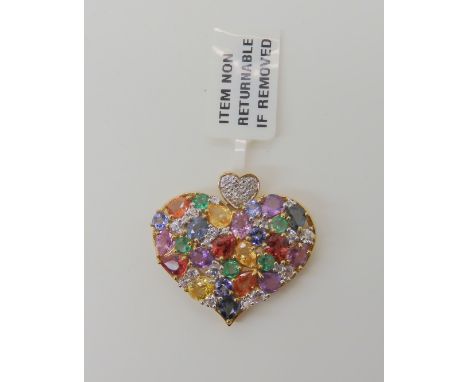 A 9ct gold rainbow gemstone set heart pendant, the bail set with diamonds, dimensions 2.9cm x 3cm, weight 5.5gms, new with ta