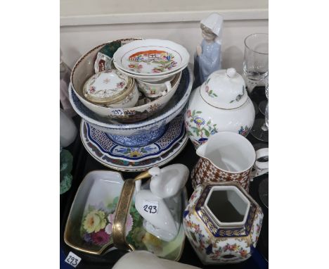 A lot comprising a blue and white transfer printed tazza, a Spode Lindisfarne plate, a Nao figure, a Dresden gilt   &amp; flo