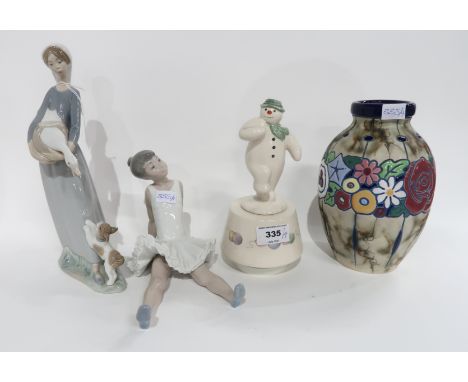 A Royal Doulton musical figure of the Snowman, a Nao ballerina, a Lladro goose girl and a Amphora pottery vase (4) Condition 