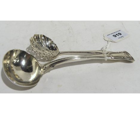 A lot comprising a silver sauce ladle, London 1901 &amp; a silver sifter ladle Birmingham 1897 116 grams Condition Report: Av