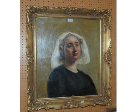 K BLACK Woman in lace cap, head and shoulders, signed, oil on canvas 60 x 50cm Condition Report: Available upon request