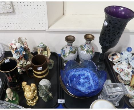 A lot comprising a pair of white ground cloisonne vases, a continental painted figure of a couple, a resin figure of an immor