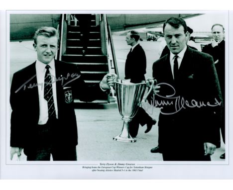 Terry Dyson and Jimmy Greaves signed 16 x 12 black and white print. Print shows the pair bringing home the European Cup Winne