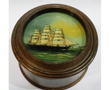 Mahogany circular lidded box with reverse painting on glass Clipper ship, D: 10 cm. P&amp;P Group 1 (£14+VAT for the first lo