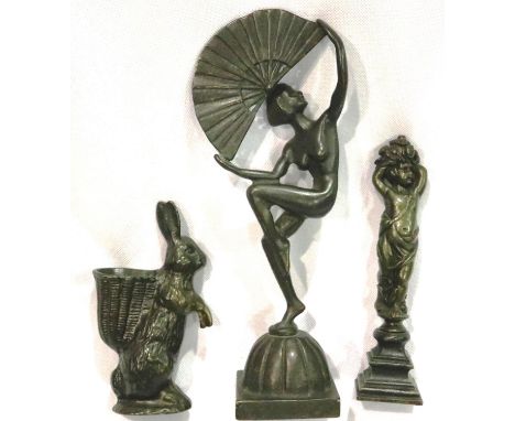 Mixed bronzes including Art Deco lady with a fan, tallest H: 25 cm. P&amp;P Group 2 (£18+VAT for the first lot and £3+VAT for