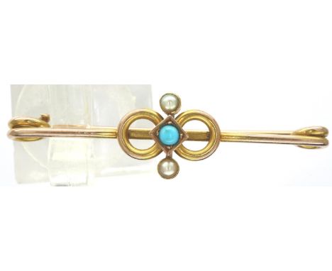 Victorian 15ct gold turquoise and seed pearl brooch, L: 42 mm, 2.6g. P&amp;P Group 1 (£14+VAT for the first lot and £1+VAT fo