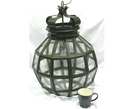 Large metal and glass hanging lamp, H: 85 cm. All electrical items in this lot have been PAT tested for safety and have passe