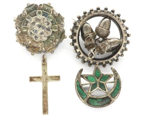 Three Victorian brooches and a cross pendant, combined 12g. P&amp;P Group 1 (£14+VAT for the first lot and £1+VAT for subsequ