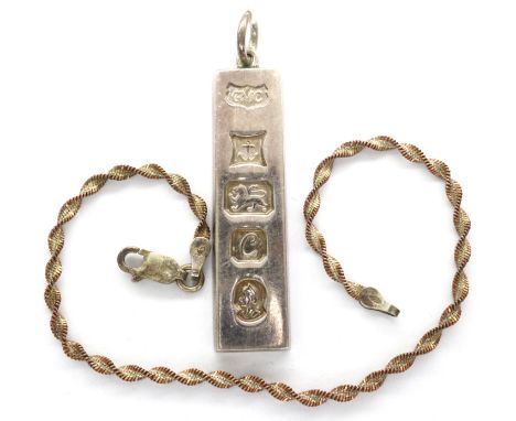 925 silver rope design bracelet, L: 19 cm, 2.0g and a hallmarked silver ingot pendant, Birmingham assay, 14.0g. P&amp;P Group