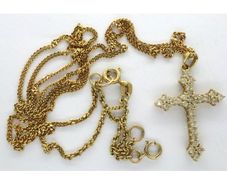 18ct gold stone set cross pendant, on a 9ct gold chain, L: 50 cm, combined 6.1g. P&amp;P Group 1 (£14+VAT for the first lot a