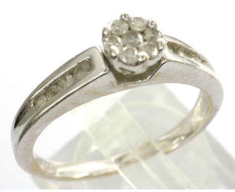 18ct white gold with diamond cluster ring set with diamond shoulders, size S, 3.8g. P&amp;P Group 1 (£14+VAT for the first lo