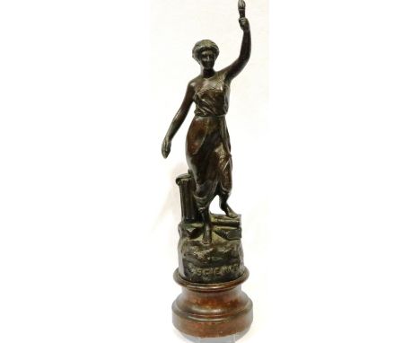 Vintage spelter statue titled Science, H: 36 cm. P&amp;P Group 3 (£25+VAT for the first lot and £5+VAT for subsequent lots) 