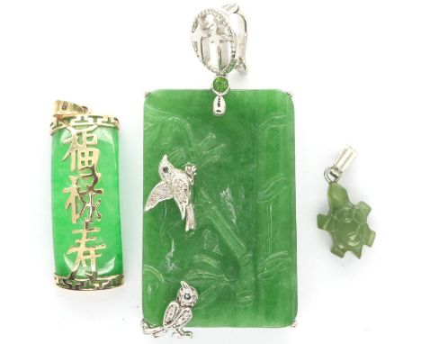 Three Jade pendants, two mounted in silver and one 9ct gold, largest H: 45 mm. P&amp;P Group 1 (£14+VAT for the first lot and