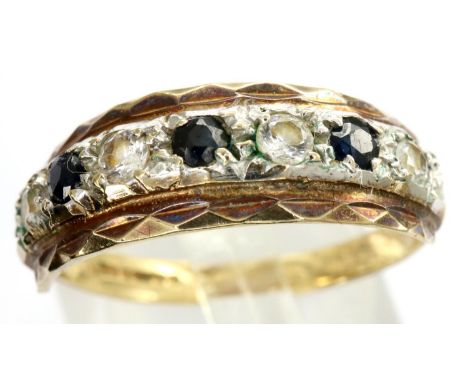 9ct gold ruby and aquamarine set half eternity ring, size P/Q, 2.3g. P&amp;P Group 1 (£14+VAT for the first lot and £1+VAT fo