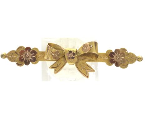 Victorian 9ct gold bar brooch with bow design, L: 45 mm, 1.7g. P&amp;P Group 1 (£14+VAT for the first lot and £1+VAT for subs