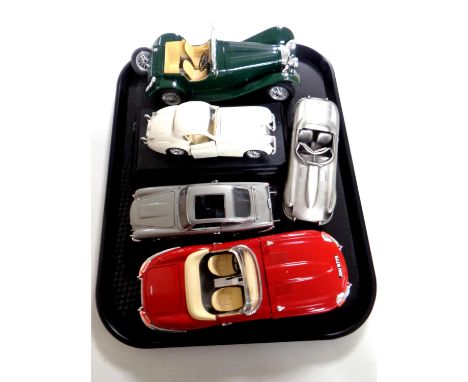A tray containing a Danbury mint pewter E Type Jaguar with certificate together with four other large scale die cast vehicles