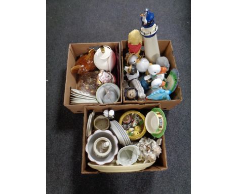 Three boxes containing miscellaneous to include planters, animal ornaments, hen egg dishes, lamp base, Denby pots etc 