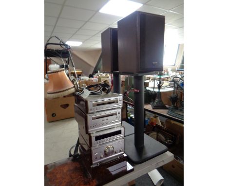 A Technics four piece micro hifi system with speakers on stand together with a pair of Alphason speaker stands with remote  