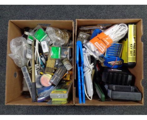 Two boxes containing tools, hardware, extension leads, battery charger, Bit and Hex key set 
