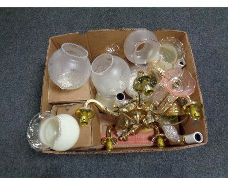 Two brass light fittings with glass shades 