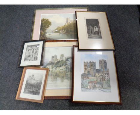 A signed monochrome etching of Liverpool Cathedral, together with five further framed prints of Durham Cathedral 
