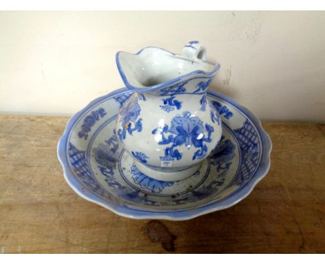 A Chinese blue and white miniature wash jug and basin