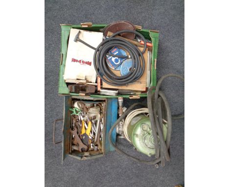 A toolbox and a further box containing assorted hand tools, spray gun, disc pads etc together with a vintage pump 