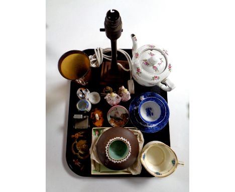 A tray of miscellany to include antique copper lamp base, Bakelite silver rimmed beaker, Paragon milk jug, Maling teacup and 