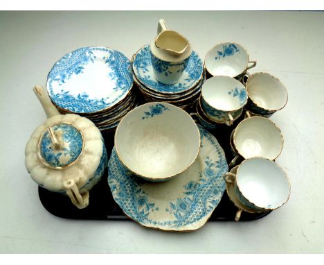 Two trays of antique Rosebery china tea service together with a tray containing vintage tin, plated cutlery, assorted glass w
