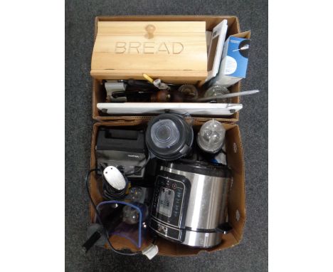Two boxes containing kitchen Vitamix food mixer, Pressure King pressure cooker, bread bin, chopping board, digital scales etc