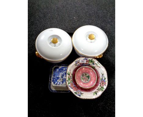 A tray of Maling bowls, pair of Royal Worcester lidded tureens, blue and white butter dish with cover