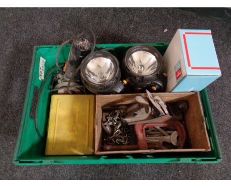 A crate of Record woodworking plane, G clamp, ring spanners, AEG angle grinder, staple gun, torches etc 