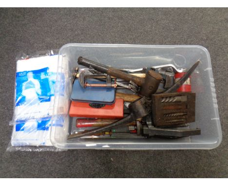 A box containing assorted hand tools, G clamps, pick axe head, tripod stand etc 