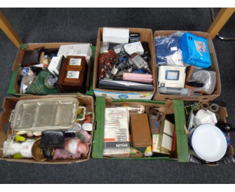 Six boxes of miscellany to include glass ware, metal ware, vintage power tools, vintage bottles, sat nav, socket covers etc 
