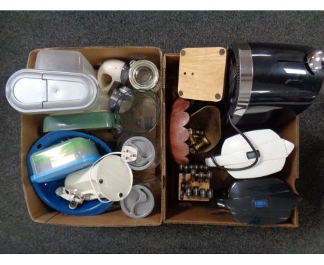 Two boxes containing kitchen ware to include toaster, water filter jugs, glass and plastic storage jars, balance scales with 
