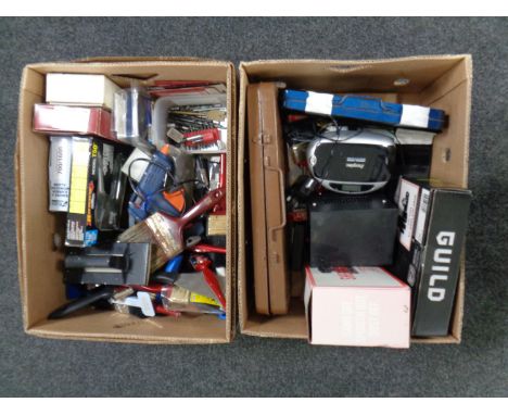 Two boxes containing paint brushes, cased socket sets, drill bits, sander, glue gun, nail gun etc 