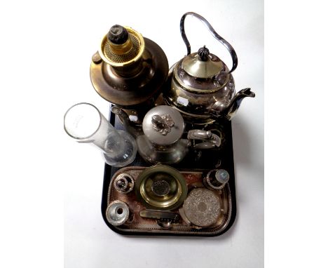 A tray of Aladdin oil lamp with chimney, assorted plated wares to include spirit kettle on stand with burner, tray, cruet, po