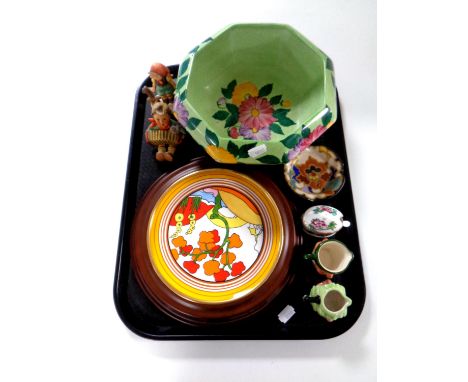 A tray containing a Maling octagonal bowl, a Wedgwood Landscapes of Clarice Cliff plate, Hummel figures, miniature character 